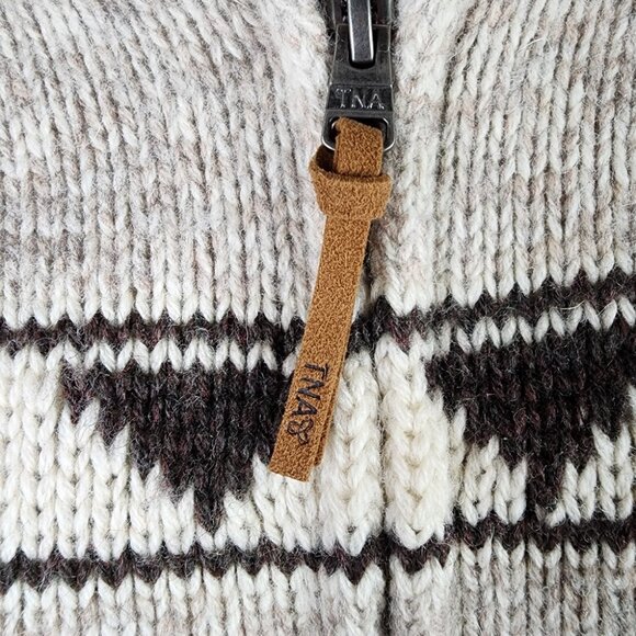 Aritzia TNA Sea to Sky Lambswool Zip Front Cardigan Logo Brown Cream Size Medium - Picture 6 of 16